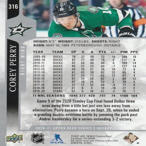 Corey Perry - 2020/2021 Upper Deck Series 2 Hockey Card - Picture 2 of 2